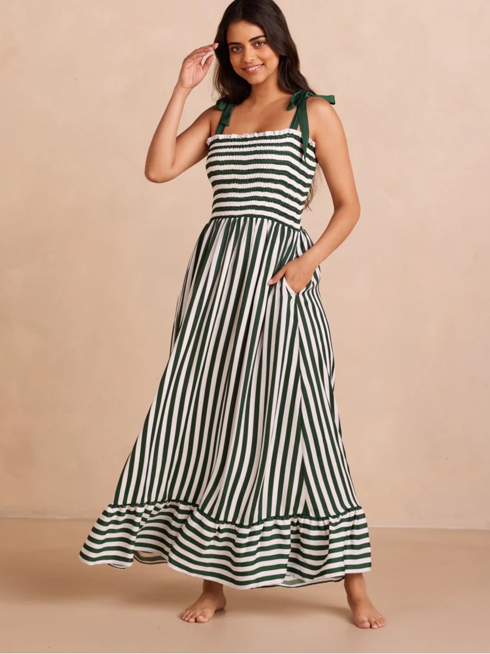 Summersalt Striped Green & White Tie-Shoulder Maxi Dress